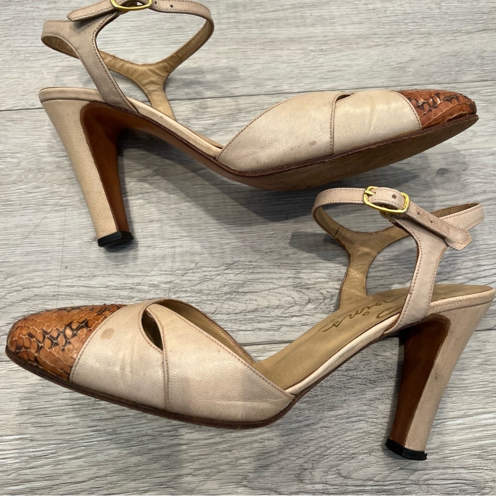 VINTAGE PUMPS 60s EVINS Heels Leather Snakeskin Tan Saddle 6M Made in Italy - Picture 4 of 15